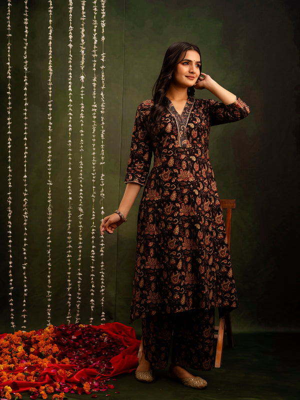 Black Cotton Calf Length Printed A-Line V-Neck Kurta Palazzo Set