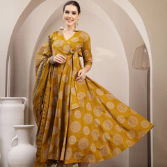 Gulmohar Jaipur Cotton Calf Length Printed 3/4 Sleeve V-Neck Anarkali Kurta Suit Set