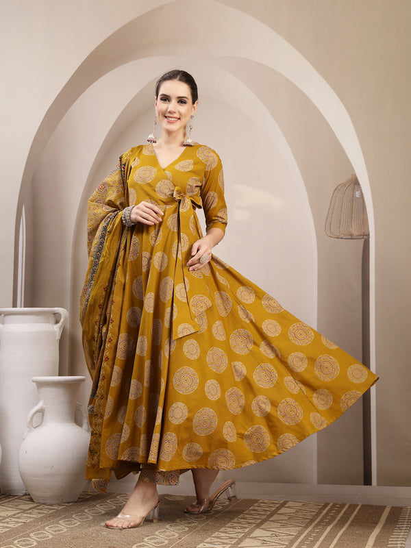 Gulmohar Jaipur Cotton Calf Length Printed 3/4 Sleeve V-Neck Anarkali Kurta Suit Set