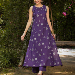 Gulmohar Jaipur Rayon Calf Length Printed Sleeveless Round Neck A-Line Kurta Suit Set