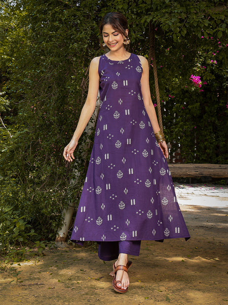 Gulmohar Jaipur Rayon Calf Length Printed Sleeveless Round Neck A-Line Kurta Suit Set
