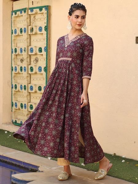 Wine Cotton Calf Length Printed Semi-Flared V-Neck Kurta