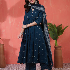 Rayon Calf Length Printed 3/4 Sleeves Round Neck Semi-Flared Kurta Suit Set