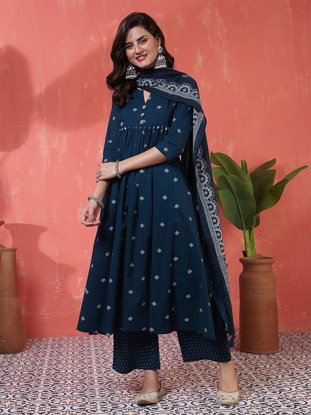 Rayon Calf Length Printed 3/4 Sleeves Round Neck Semi-Flared Kurta Suit Set