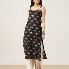 Rayon Calf Length Printed Sleeveless Strappy Straight Kurta