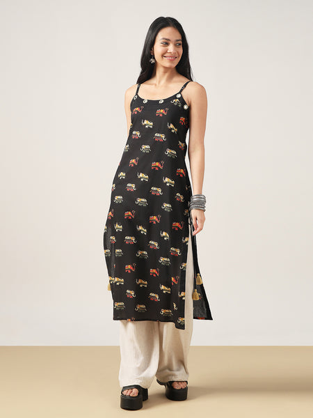 Rayon Calf Length Printed Sleeveless Strappy Straight Kurta