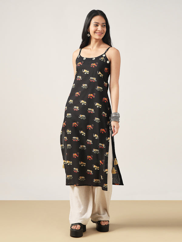 Rayon Calf Length Printed Sleeveless Strappy Straight Kurta