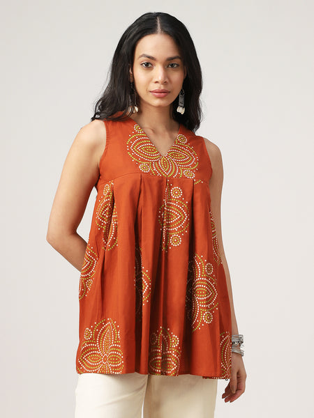Cotton Hip Length Printed Sleeveless V-Neck Flared Top