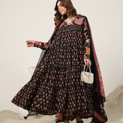 Cotton Calf Length Printed Full Sleeve V-Neck Flared Kurta Suit Set