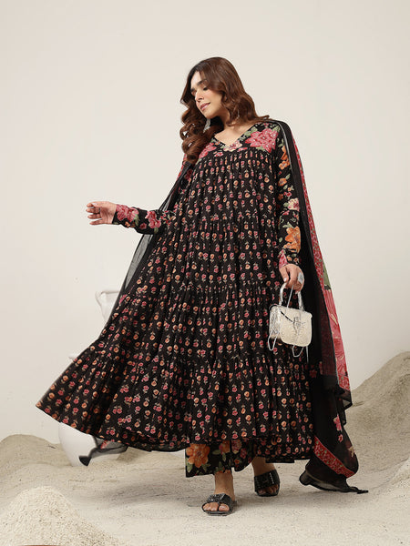 Cotton Calf Length Printed Full Sleeve V-Neck Flared Kurta Suit Set