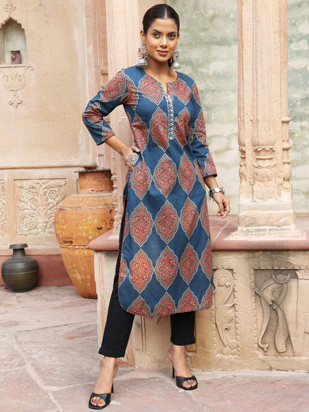 Blue Cotton Calf Length Printed Straight Round Neck Kurta