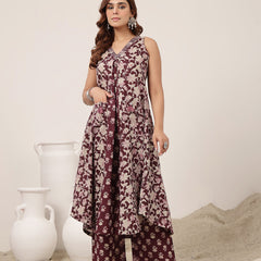 Rayon Calf Length Printed Sleeveless V-Neck Flared Kurta