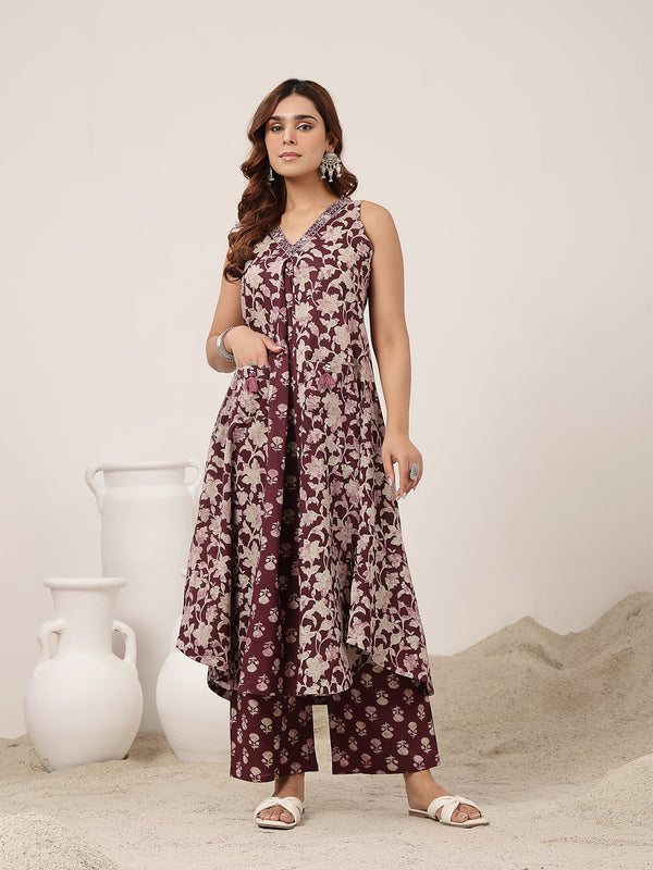 Rayon Calf Length Printed Sleeveless V-Neck Flared Kurta
