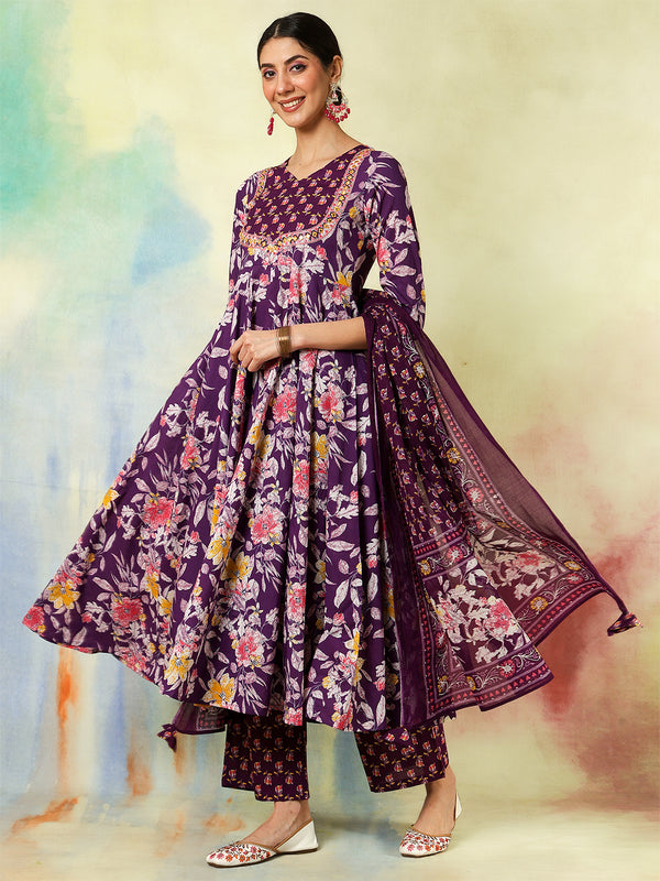 Black Pure Cotton Printed Embroidered Anarkali Kurta Suit Set