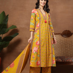 Cotton Calf Length Printed 3/4 Sleeves V-Neck Flared Kurta Suit Set
