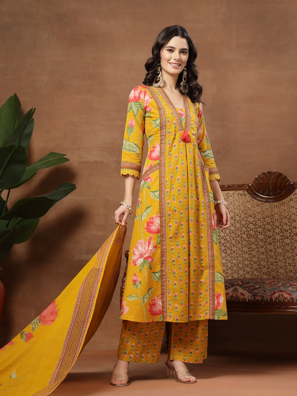 Cotton Calf Length Printed 3/4 Sleeves V-Neck Flared Kurta Suit Set
