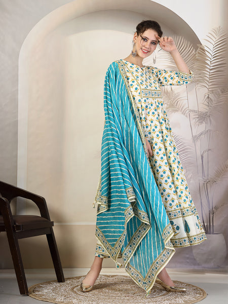 Rama Cotton Calf Length Printed Round Neck Anarkali Kurta Suit Set