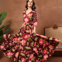 Cotton Ankle Length Printed 3/4 Sleeves V-Neck Flared Kurta