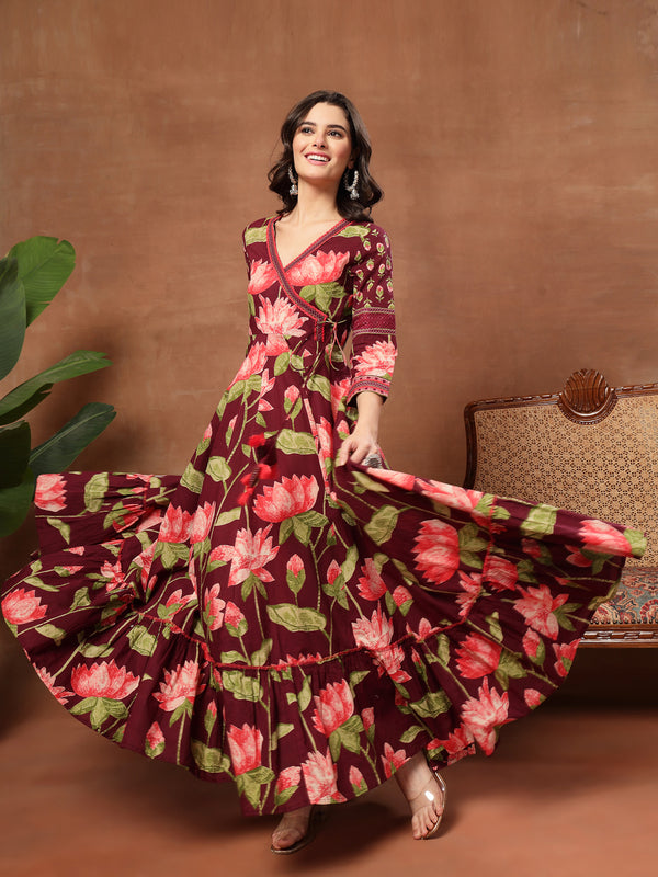 Cotton Ankle Length Printed 3/4 Sleeves V-Neck Flared Kurta