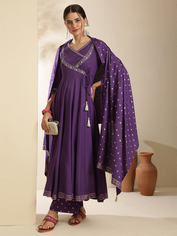 Maroon Rayon Solid 3/4 Sleeves V-Neck Anarkali Kurta Suit Set