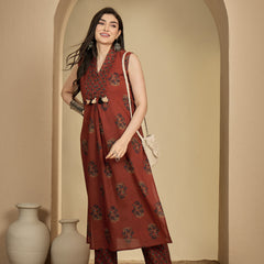 Gulmohar Jaipur Cotton Calf Length Printed Sleeveless Collard Straight Kurta Suit Set