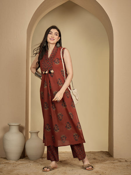 Gulmohar Jaipur Cotton Calf Length Printed Sleeveless Collard Straight Kurta Suit Set