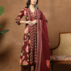 Cotton Calf Length Printed 3/4 Sleeves V-Neck Flared Kurta Suit Set