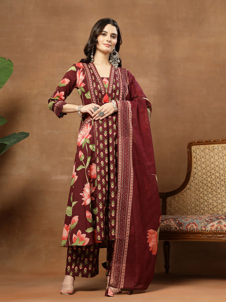 Cotton Calf Length Printed 3/4 Sleeves V-Neck Flared Kurta Suit Set