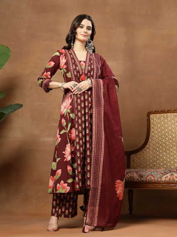 Cotton Calf Length Printed 3/4 Sleeves V-Neck Flared Kurta Suit Set