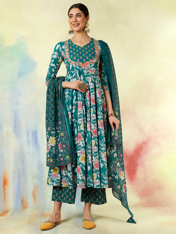 Black Pure Cotton Printed Embroidered Anarkali Kurta Suit Set
