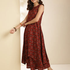Maroon Rayon Printed Sleeveless Round Neck Asymmetrical Kurta Bottom Set