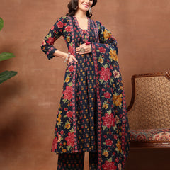 Cotton Calf Length Printed 3/4 Sleeves V-Neck Flared Kurta Suit Set