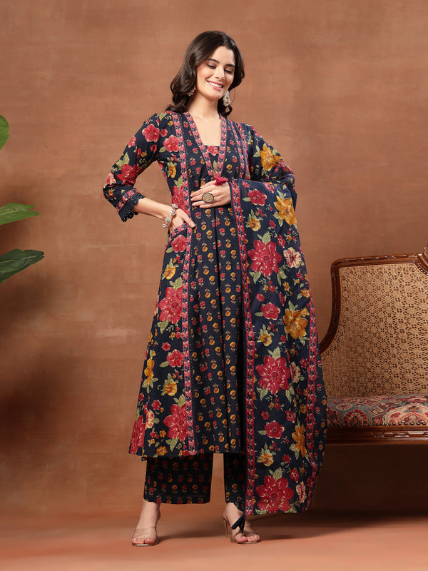 Cotton Calf Length Printed 3/4 Sleeves V-Neck Flared Kurta Suit Set