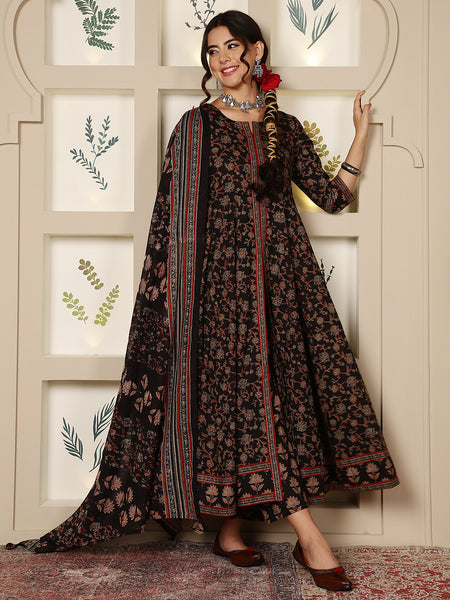 Black Cotton Calf Length Printed Round Anarkali Neck Kurta Suit Set