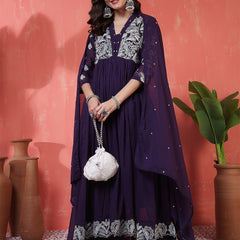Purple Cotton Calf Length Solid 3/4 Sleeves V-Neck Anarkali Kurta Suit Set