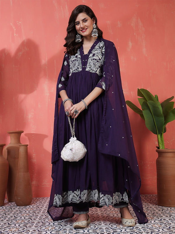 Purple Cotton Calf Length Solid 3/4 Sleeves V-Neck Anarkali Kurta Suit Set