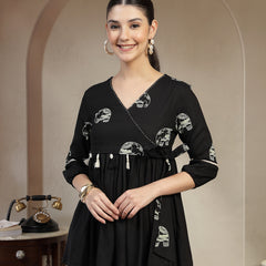 Gulmohar Jaipur Rayon Hip Length Printed 3/4 Sleeves V-Neck Flared Top