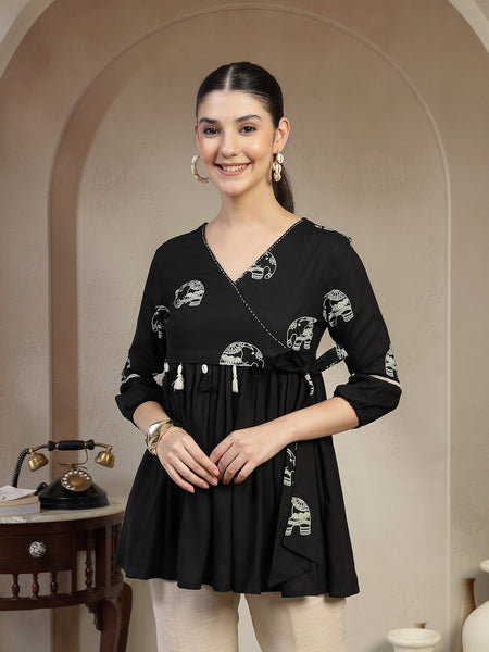 Gulmohar Jaipur Rayon Hip Length Printed 3/4 Sleeves V-Neck Flared Top