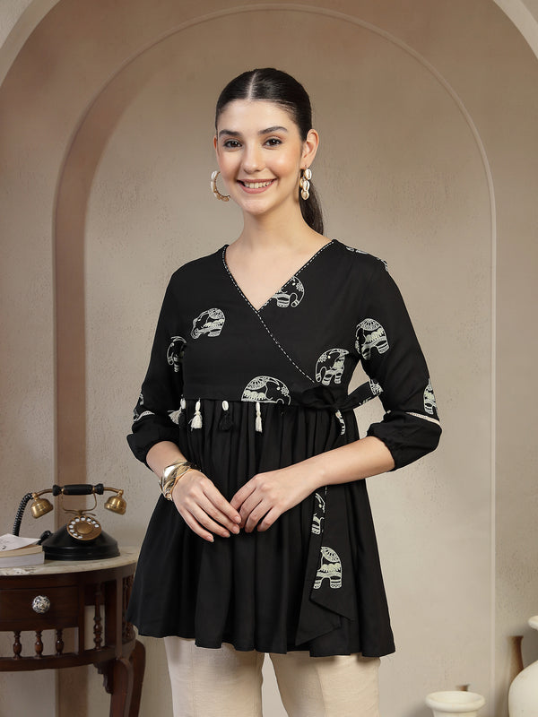 Gulmohar Jaipur Rayon Hip Length Printed 3/4 Sleeves V-Neck Flared Top