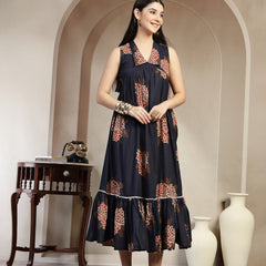 Gulmohar Jaipur Cotton Calf Length Printed Sleeveless Collard Neck Flared Kurta