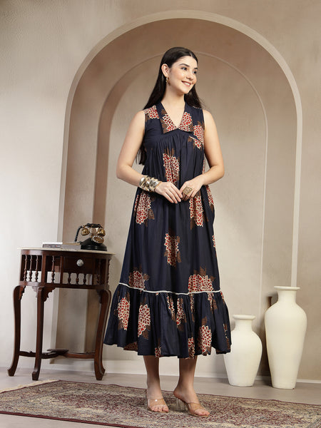 Gulmohar Jaipur Cotton Calf Length Printed Sleeveless Collard Neck Flared Kurta