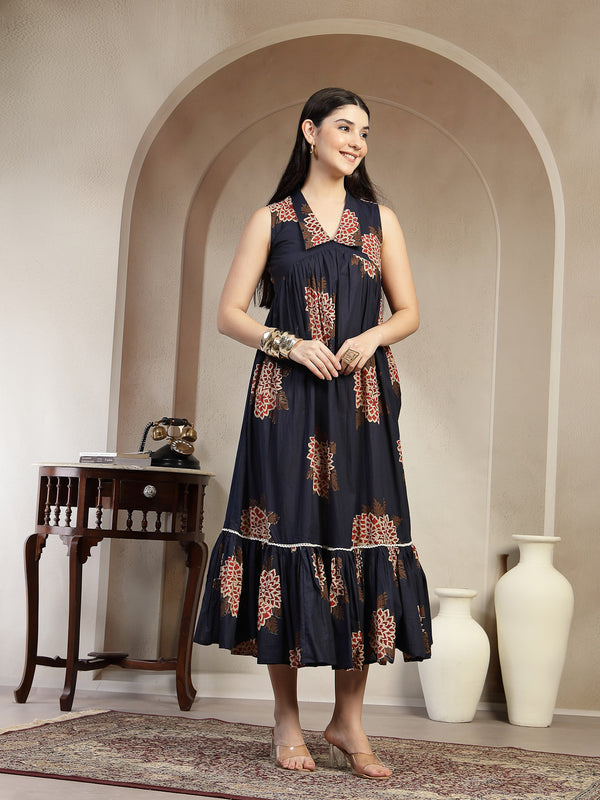 Gulmohar Jaipur Cotton Calf Length Printed Sleeveless Collard Neck Flared Kurta