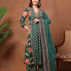Cotton Calf Length Printed 3/4 Sleeves V-Neck Flared Kurta Suit Set