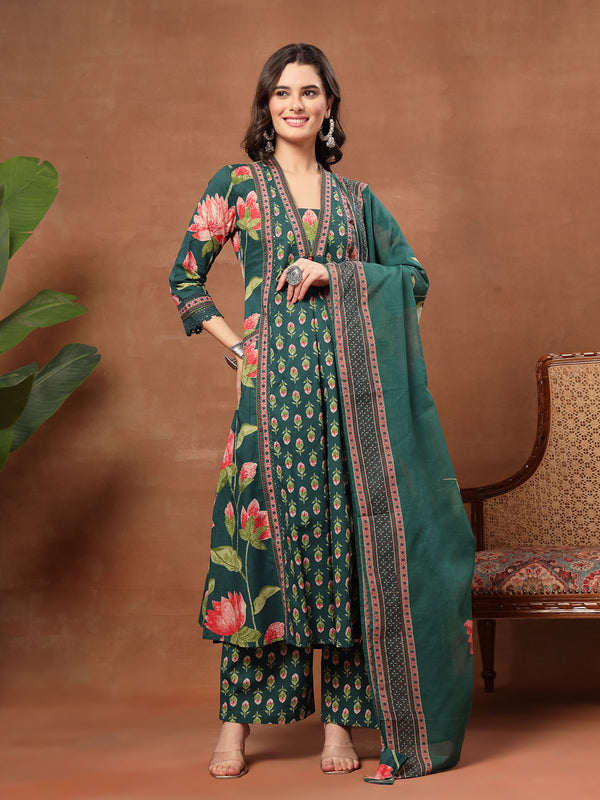 Cotton Calf Length Printed 3/4 Sleeves V-Neck Flared Kurta Suit Set