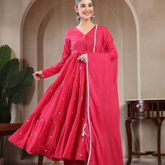 Gulmohar Jaipur Cotton Calf Length Solid Full Sleeves V-Neck Anarkali Kurta Suit Set