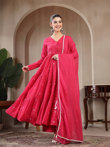 Gulmohar Jaipur Cotton Calf Length Solid Full Sleeves V-Neck Anarkali Kurta Suit Set