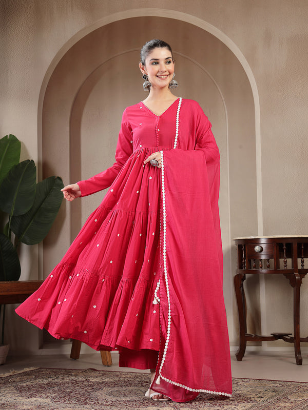 Gulmohar Jaipur Cotton Calf Length Solid Full Sleeves V-Neck Anarkali Kurta Suit Set