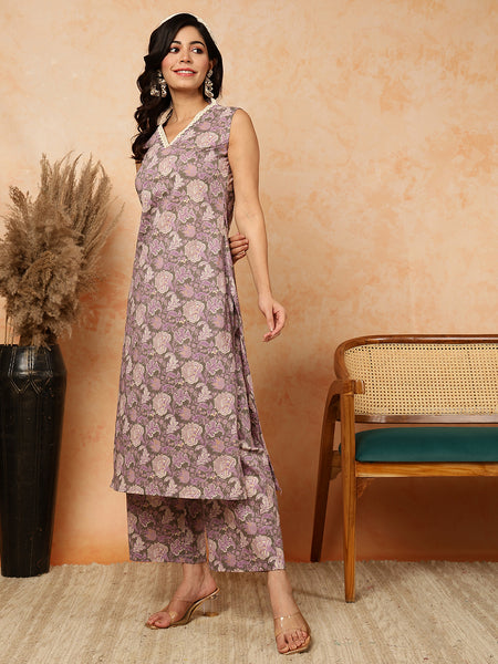 Lavender Cotton Calf Length Printed V-Neck Straight Kurta Palazzo Set