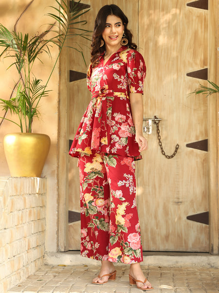 Maroon  Cotton Hip Length Printed Shirt Collar Flared Top Palazzo Set