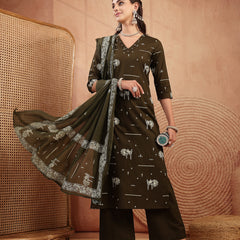 Gulmohar Jaipur Rayon Calf Length Printed 3/4 Sleeves V-Neck Straight Kurta Suit Set